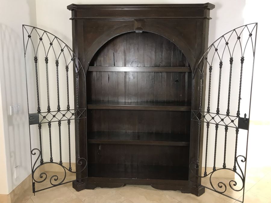Large Wooden Cabinet With (4) Shelves And Arched Wrought Iron Gate Doors 8'H