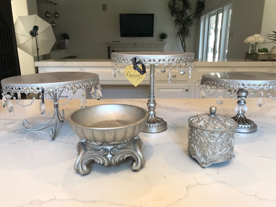 (3) Footed Silver Plate Stands, Silver Lidded Box And Silver Tone Bowl [Photo 2]