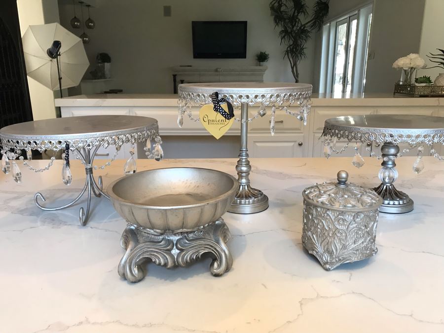 (3) Footed Silver Plate Stands, Silver Lidded Box And Silver Tone Bowl [Photo 3]