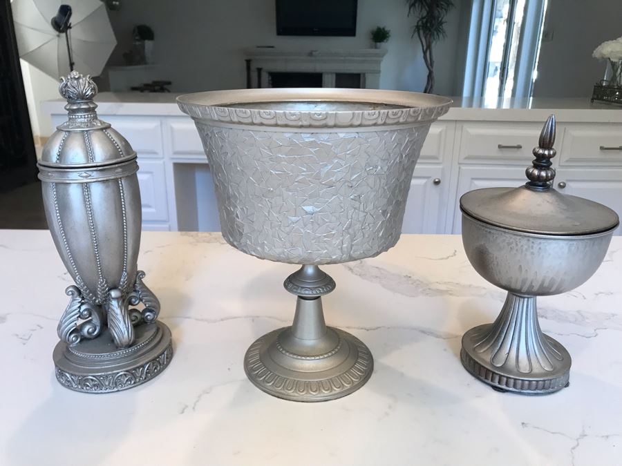 (3) Decorative Silver Tone Objects 12'H