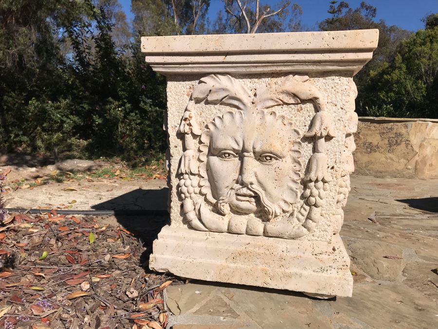 Massive Relief Carved Marble Stone Planter Bacchus God Of Wine Relief Carvings On All Four Sides 26'H X 22'W [Photo 3]