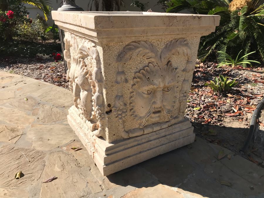 Massive Relief Carved Marble Stone Planter Bacchus God Of Wine Relief Carvings On All Four Sides 26'H X 22'W [Photo 12]