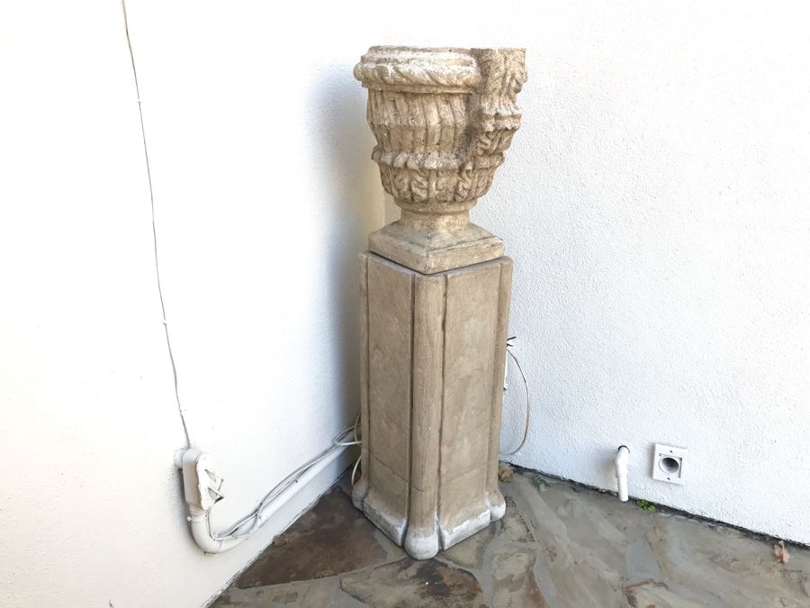 Pair Of Large Cast Cement Planters With Cement Pedestals - One Shown On Right Includes White Pot - Pot Is 18'W X 20'H - Pedestal Is 31'H [Photo 3]