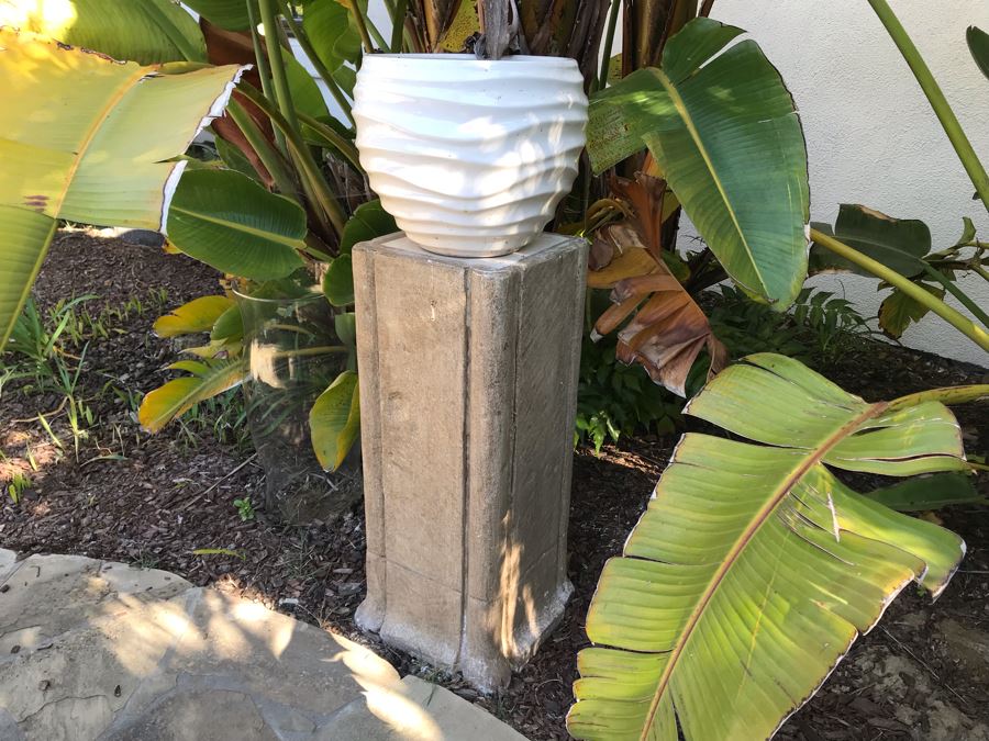 Pair Of Large Cast Cement Planters With Cement Pedestals - One Shown On Right Includes White Pot - Pot Is 18'W X 20'H - Pedestal Is 31'H [Photo 7]