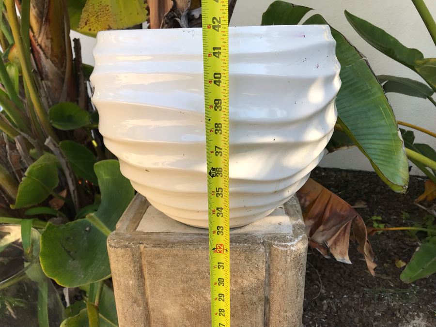 Pair Of Large Cast Cement Planters With Cement Pedestals - One Shown On Right Includes White Pot - Pot Is 18'W X 20'H - Pedestal Is 31'H [Photo 13]