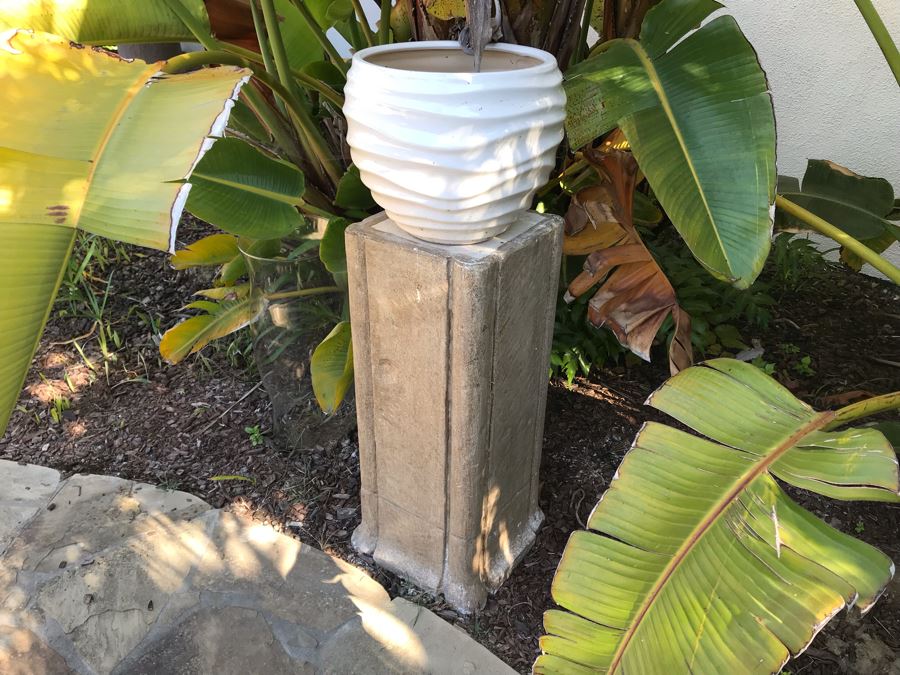 Pair Of Large Cast Cement Planters With Cement Pedestals - One Shown On Right Includes White Pot - Pot Is 18'W X 20'H - Pedestal Is 31'H [Photo 8]