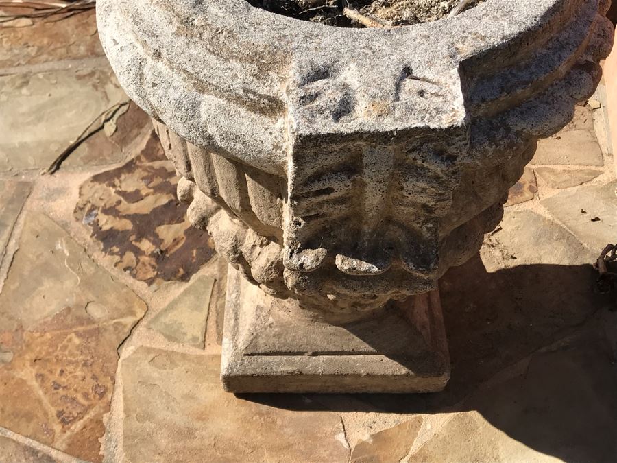 Pair Of Large Cast Cement Planters With Cement Pedestals - One Shown On Right Includes White Pot - Pot Is 18'W X 20'H - Pedestal Is 31'H [Photo 19]
