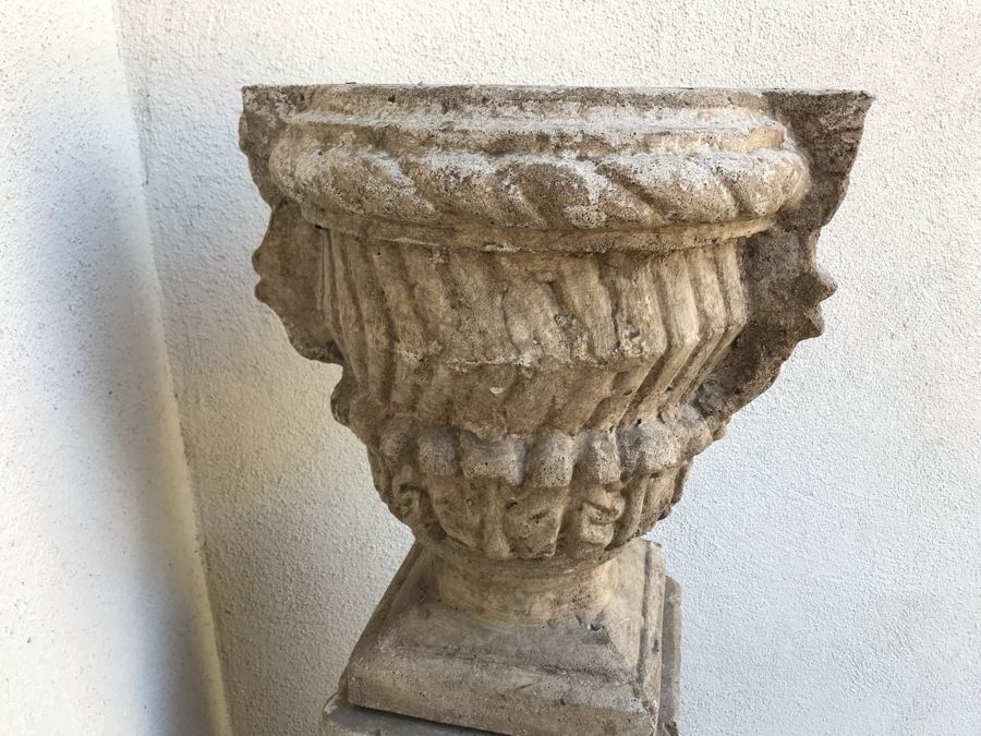 Pair Of Large Cast Cement Planters With Cement Pedestals - One Shown On Right Includes White Pot - Pot Is 18'W X 20'H - Pedestal Is 31'H [Photo 5]