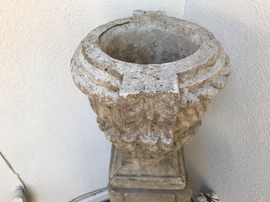 Pair Of Large Cast Cement Planters With Cement Pedestals - One Shown On Right Includes White Pot - Pot Is 18'W X 20'H - Pedestal Is 31'H [Photo 4]