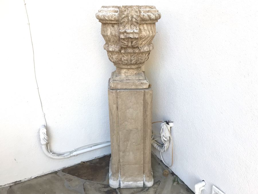 Pair Of Large Cast Cement Planters With Cement Pedestals - One Shown On Right Includes White Pot - Pot Is 18'W X 20'H - Pedestal Is 31'H [Photo 2]