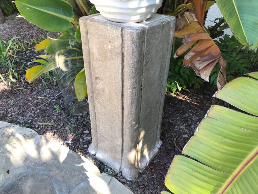 Pair Of Large Cast Cement Planters With Cement Pedestals - One Shown On Right Includes White Pot - Pot Is 18'W X 20'H - Pedestal Is 31'H [Photo 11]