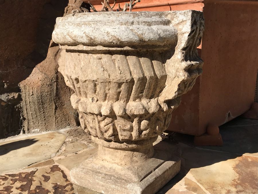 Pair Of Large Cast Cement Planters With Cement Pedestals - One Shown On Right Includes White Pot - Pot Is 18'W X 20'H - Pedestal Is 31'H [Photo 17]