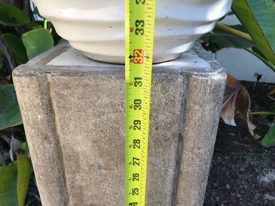 Pair Of Large Cast Cement Planters With Cement Pedestals - One Shown On Right Includes White Pot - Pot Is 18'W X 20'H - Pedestal Is 31'H [Photo 14]