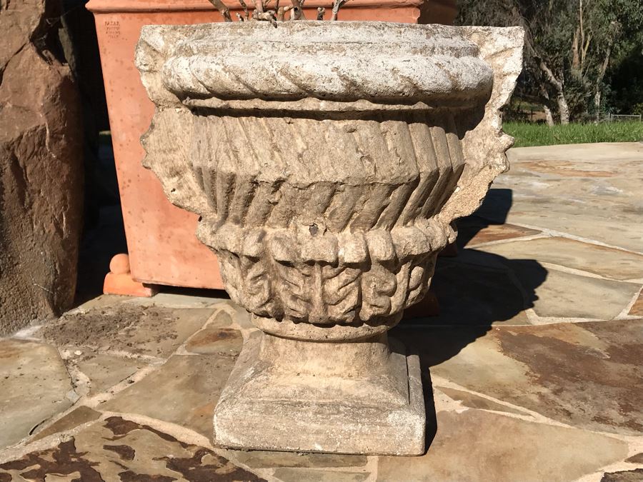 Pair Of Large Cast Cement Planters With Cement Pedestals - One Shown On Right Includes White Pot - Pot Is 18'W X 20'H - Pedestal Is 31'H [Photo 15]