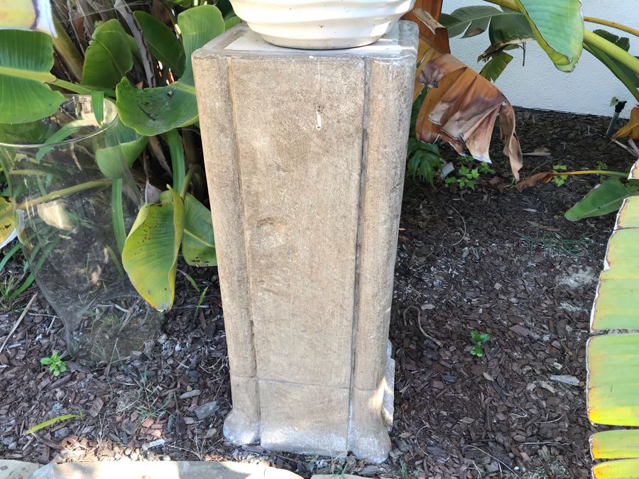 Pair Of Large Cast Cement Planters With Cement Pedestals - One Shown On Right Includes White Pot - Pot Is 18'W X 20'H - Pedestal Is 31'H [Photo 10]
