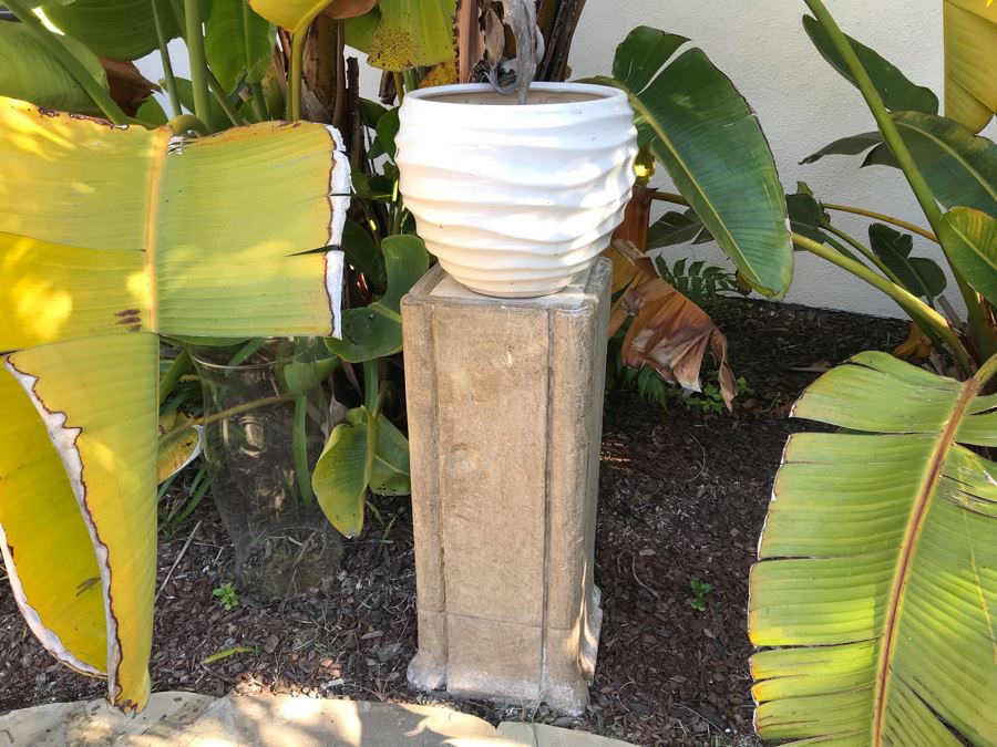Pair Of Large Cast Cement Planters With Cement Pedestals - One Shown On Right Includes White Pot - Pot Is 18'W X 20'H - Pedestal Is 31'H [Photo 9]