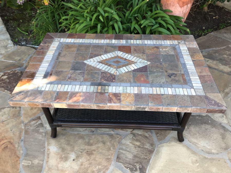 Outdoor Stone Mosiac 2-Tier Table 48' X 30' X 22'H [Photo 2]