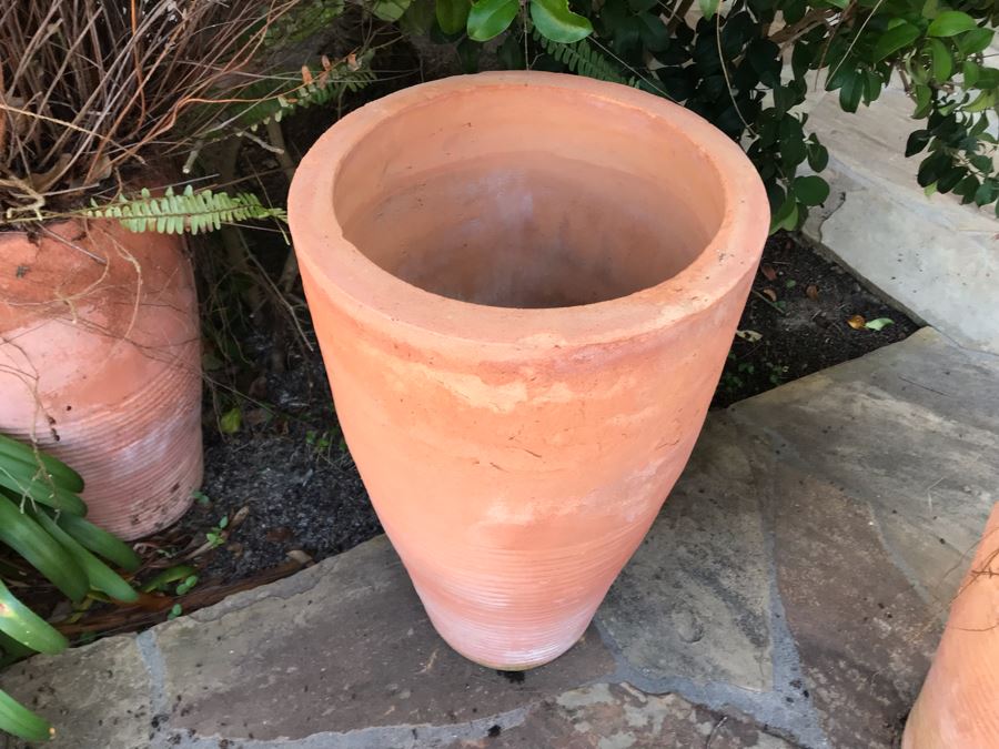 (3) Large Terracotta Tapered Cylindrical Planters Pots - Two With Ferns 27'H X 16'W [Photo 7]
