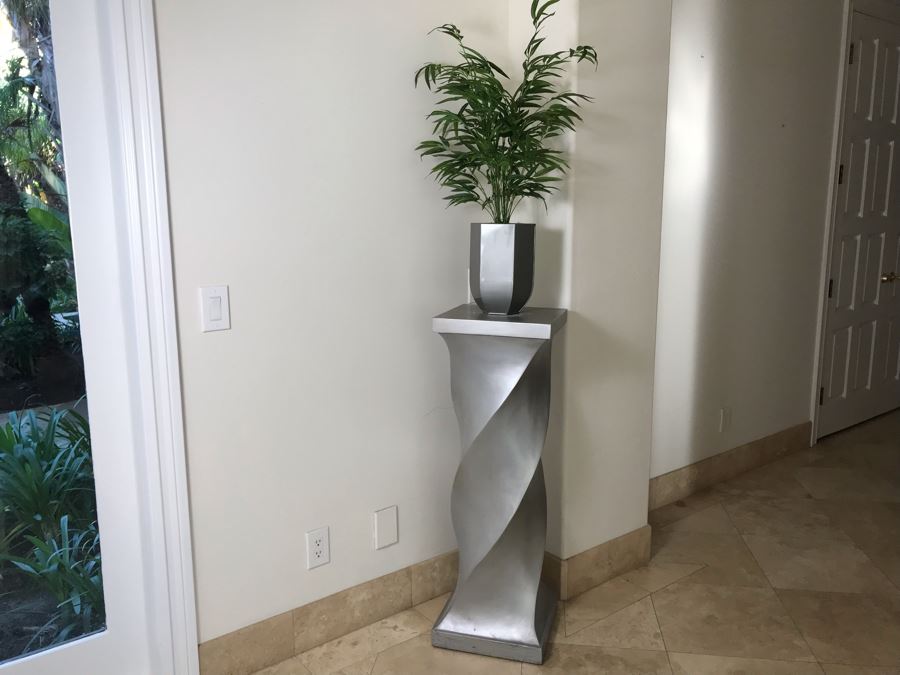 Silver Tone Twist Design Pedestal Table Sculpture Stand 42'H X 14' X 14' With Artificial Plant [Photo 3]