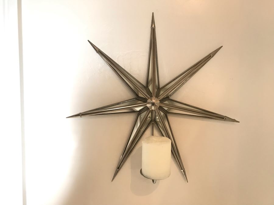 Pair Of Metal Star Mirrored Wall Sconces Candle Holders [Photo 2]