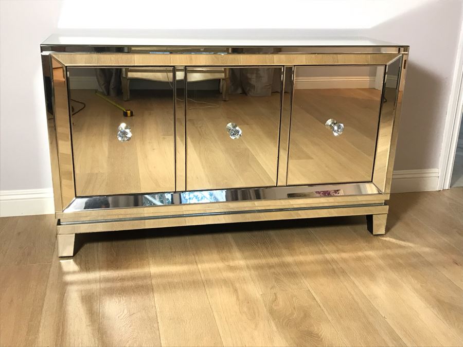 Mirrored Cabinet Credenza - Glass On Left Side Has Crack - See Photos 