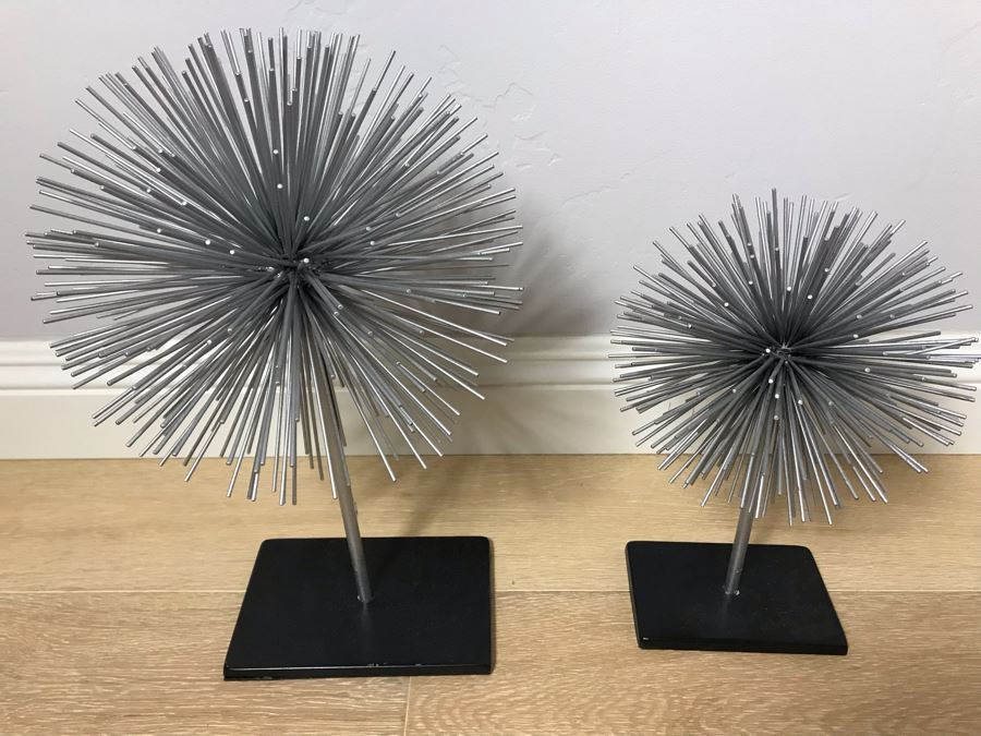 Pair Of Decorative Metal Sunburst Spherical Sculptures - Large Is 17'H [Photo 2]
