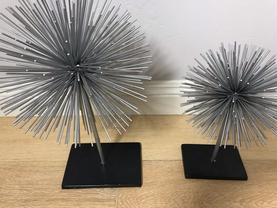 Pair Of Decorative Metal Sunburst Spherical Sculptures - Large Is 17'H [Photo 3]