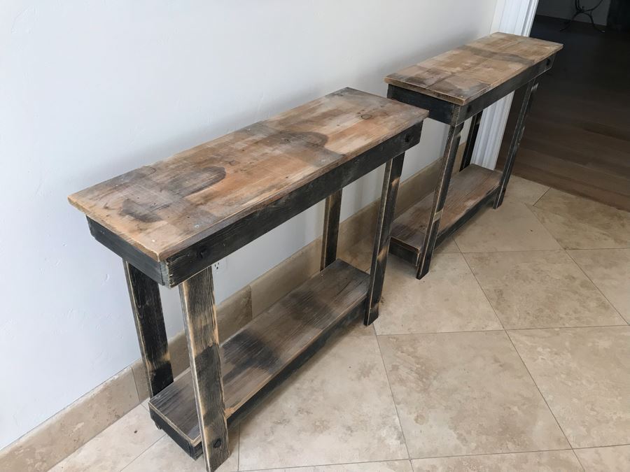 Pair Of Wooden Industrial 2-Level Side Tables 36'W X 11'D X 30'H Ea. [Photo 6]