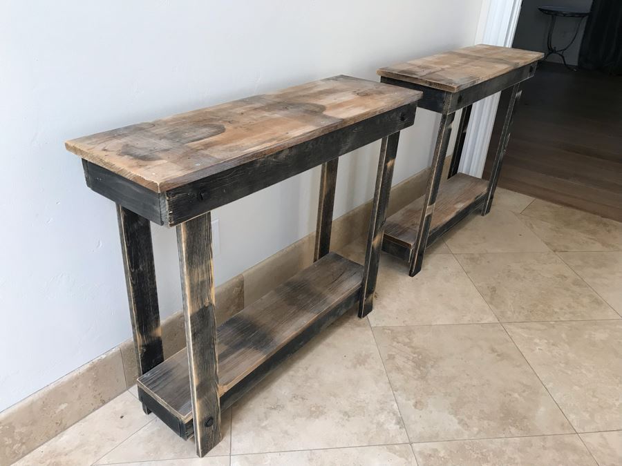 Pair Of Wooden Industrial 2-Level Side Tables 36'W X 11'D X 30'H Ea. [Photo 5]