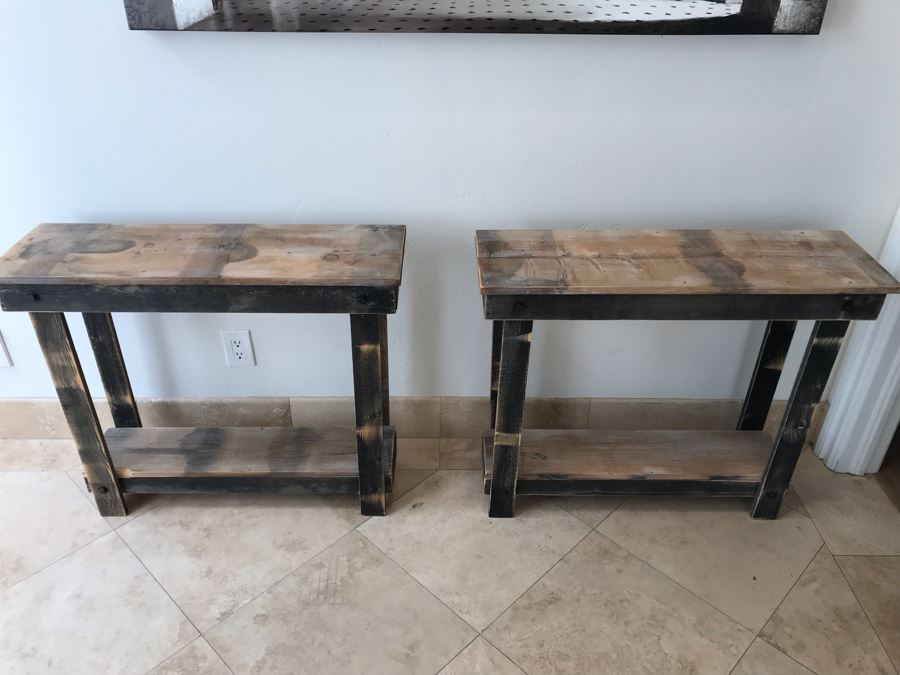 Pair Of Wooden Industrial 2-Level Side Tables 36'W X 11'D X 30'H Ea. [Photo 2]