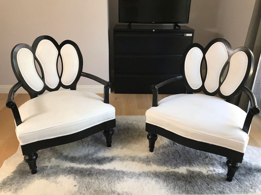 Pair Of Wooden Black Upholstered Armchairs - Some Staining On Fabric [Photo 3]