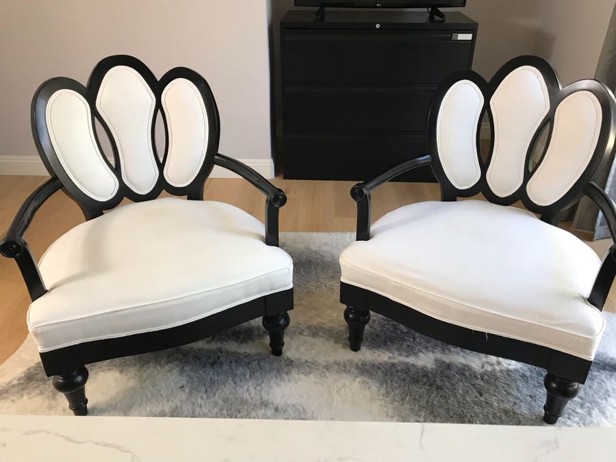Pair Of Wooden Black Upholstered Armchairs - Some Staining On Fabric