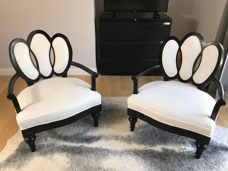 Pair Of Wooden Black Upholstered Armchairs - Some Staining On Fabric [Photo 4]