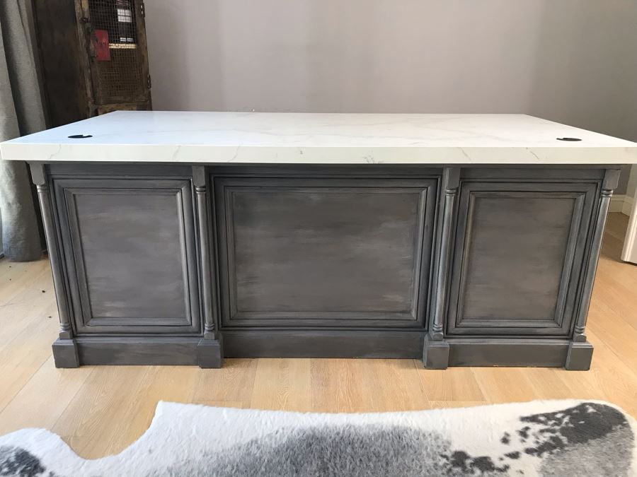 Stunning White Marble Top Grey Wooden Executive Desk With Lockable Drawers 76'W X 38.5'D X 31'H [Photo 5]
