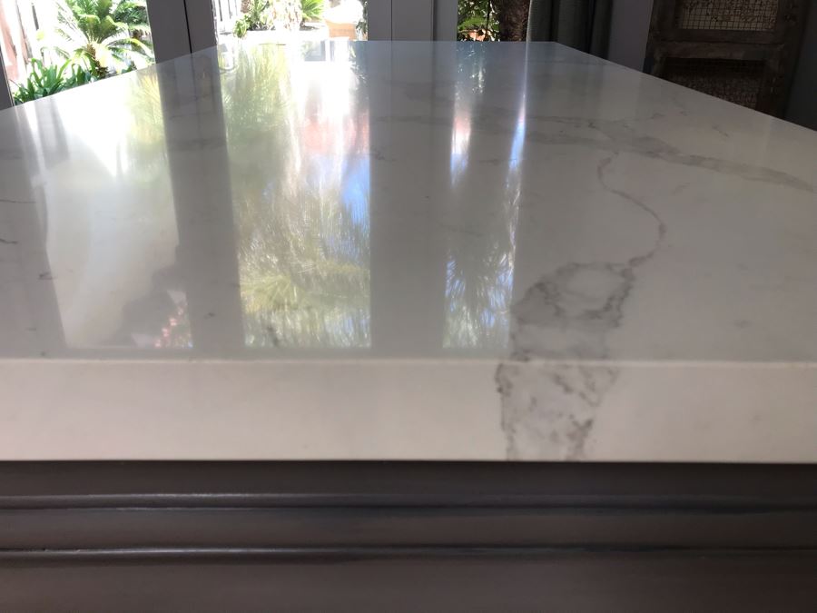 Stunning White Marble Top Grey Wooden Executive Desk With Lockable Drawers 76'W X 38.5'D X 31'H [Photo 9]