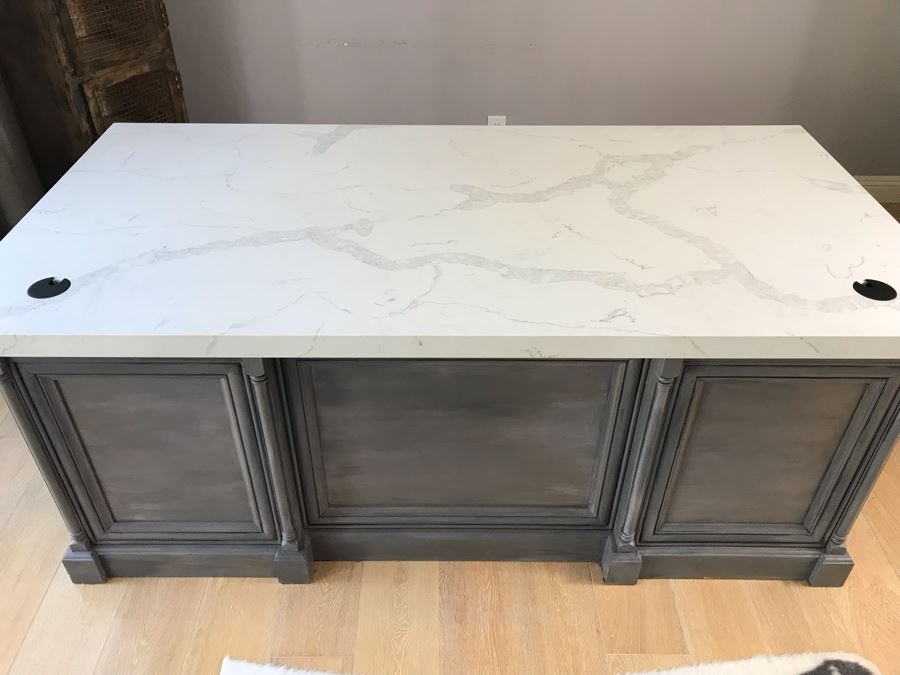Stunning White Marble Top Grey Wooden Executive Desk With Lockable Drawers 76'W X 38.5'D X 31'H [Photo 6]