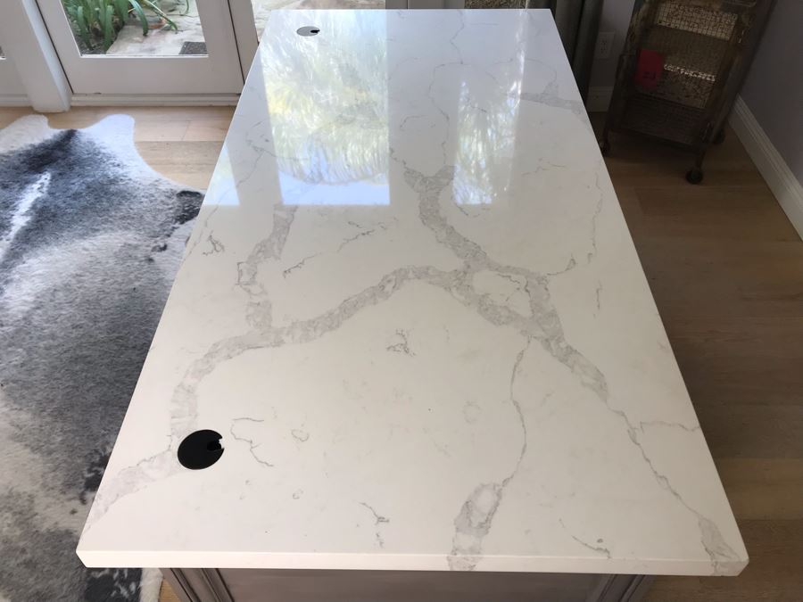 Stunning White Marble Top Grey Wooden Executive Desk With Lockable Drawers 76'W X 38.5'D X 31'H [Photo 8]