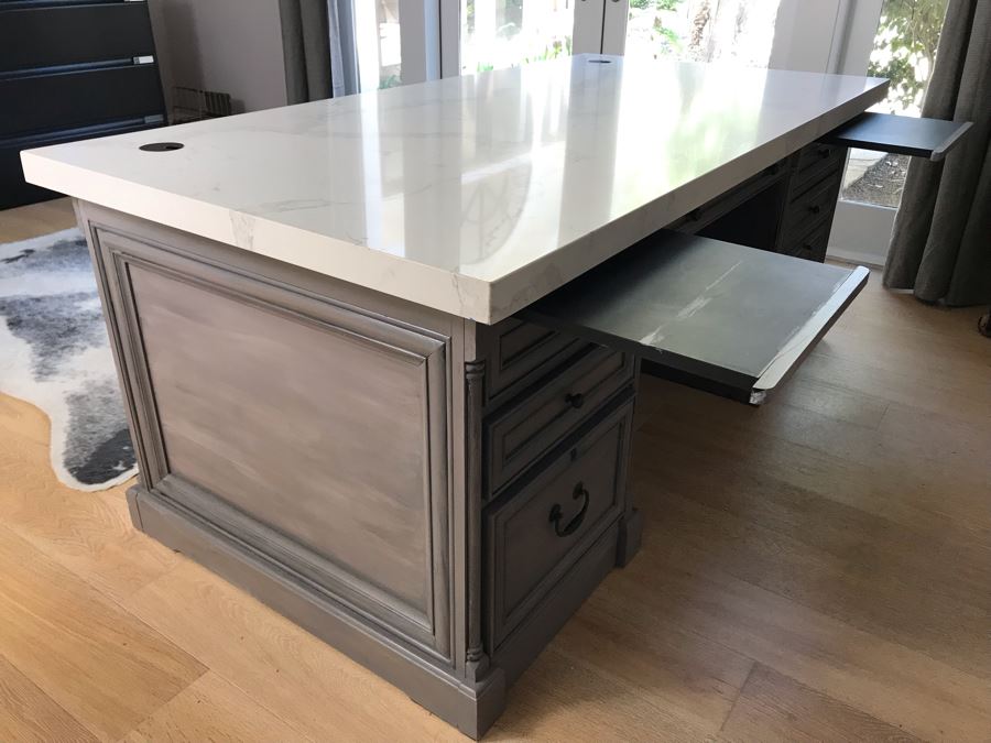 Stunning White Marble Top Grey Wooden Executive Desk With Lockable