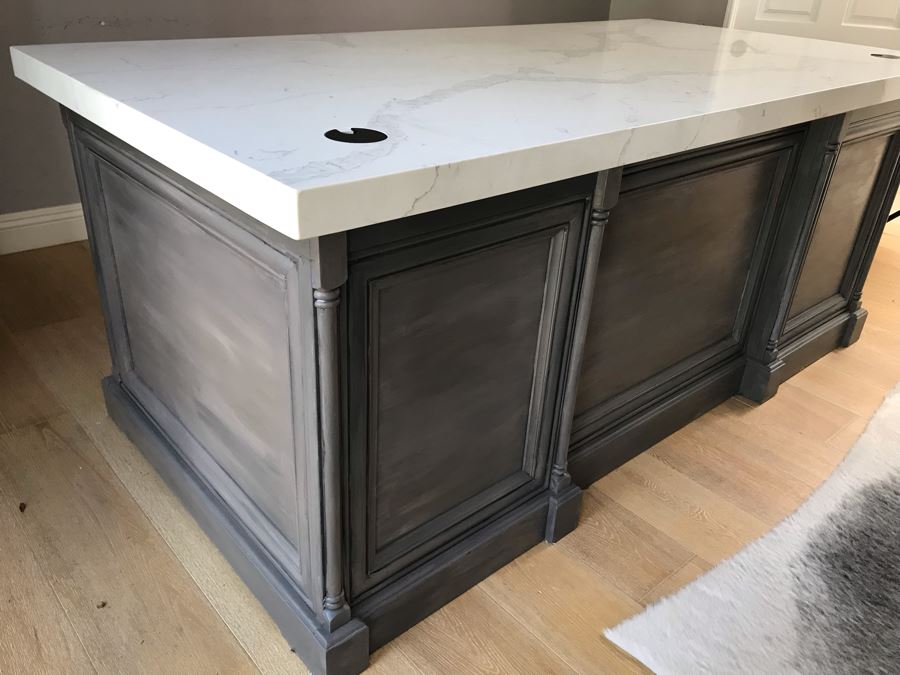 Stunning White Marble Top Grey Wooden Executive Desk With Lockable Drawers 76'W X 38.5'D X 31'H [Photo 10]