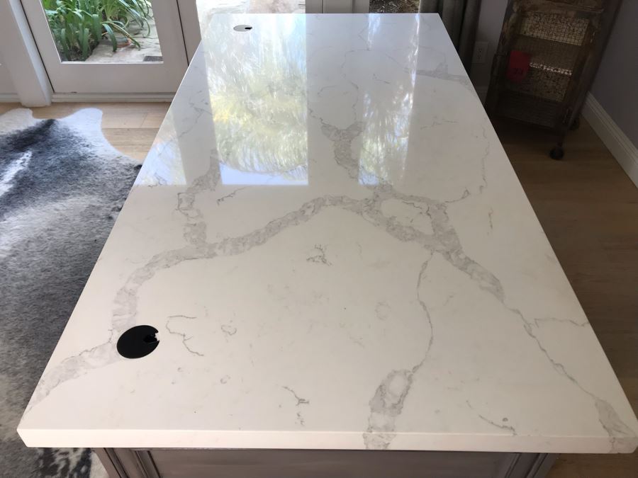 Stunning White Marble Top Grey Wooden Executive Desk With Lockable Drawers 76'W X 38.5'D X 31'H [Photo 7]