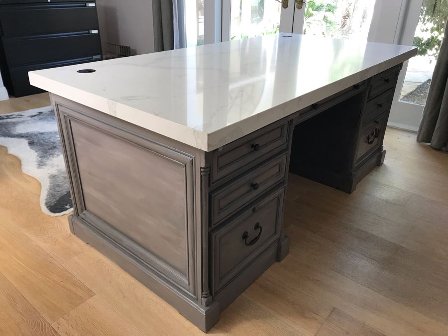 Stunning White Marble Top Grey Wooden Executive Desk With Lockable Drawers 76'W X 38.5'D X 31'H [Photo 18]