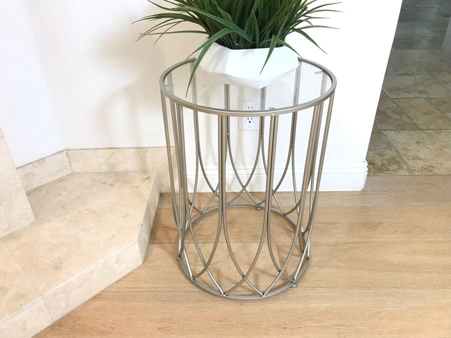 Contemporary Round Metal Glass Top Table With Artificial Plant 17'R X 23'H [Photo 2]