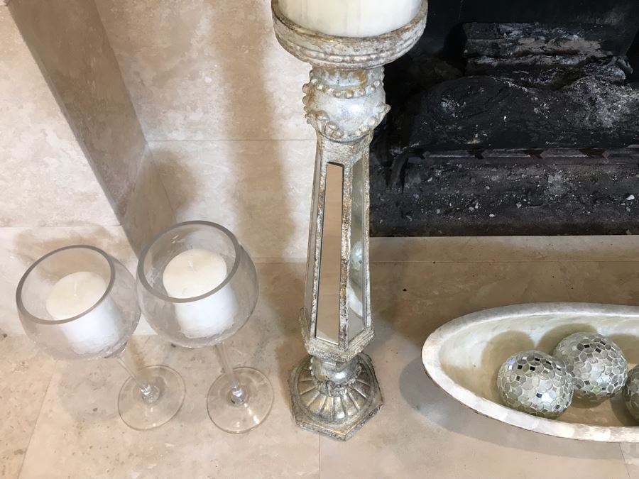 Home Decor Lot With Centerpiece Bowl With Mirrored Balls And (7) Candle Holders - Larger Candle Holder 31'H [Photo 13]