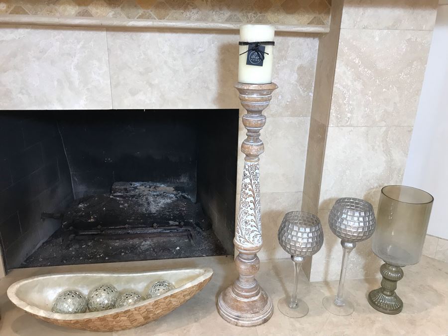 Home Decor Lot With Centerpiece Bowl With Mirrored Balls And (7) Candle Holders - Larger Candle Holder 31'H [Photo 5]