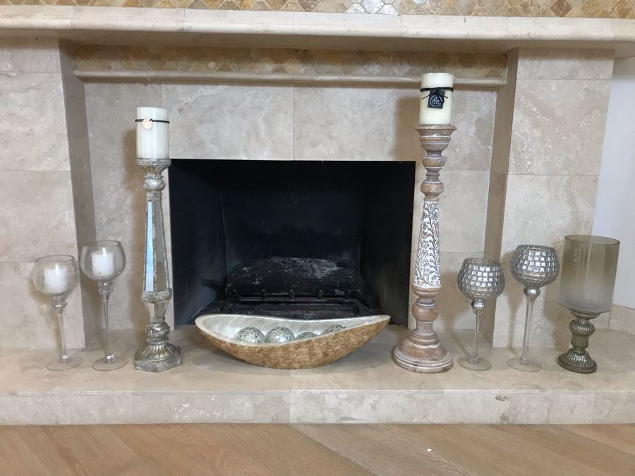 Home Decor Lot With Centerpiece Bowl With Mirrored Balls And (7) Candle Holders - Larger Candle Holder 31'H [Photo 3]