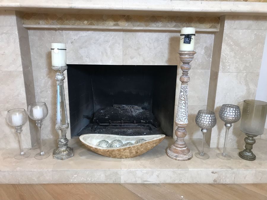 Home Decor Lot With Centerpiece Bowl With Mirrored Balls And (7) Candle Holders - Larger Candle Holder 31'H [Photo 4]