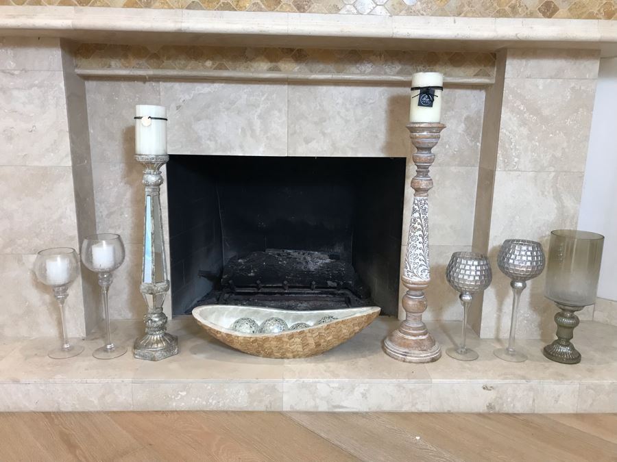 Home Decor Lot With Centerpiece Bowl With Mirrored Balls And (7) Candle Holders - Larger Candle Holder 31'H [Photo 2]