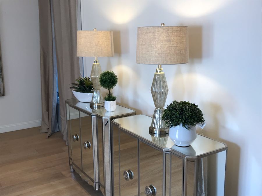 Mirrored Contemporary Side Cabinet Nightstands 40'W X 16'D X 36'H With Pair Of Glass Table Lamps And (3) Artificial Plants [Photo 7]