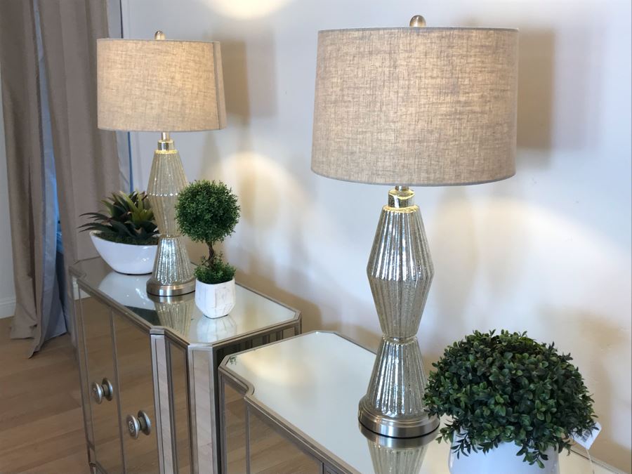 Mirrored Contemporary Side Cabinet Nightstands 40'W X 16'D X 36'H With Pair Of Glass Table Lamps And (3) Artificial Plants [Photo 4]