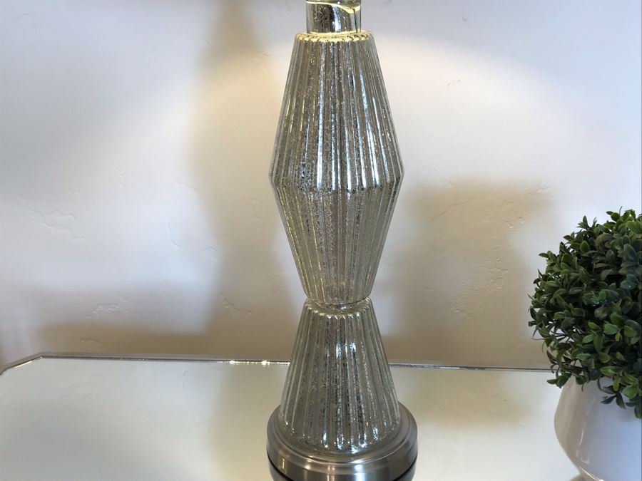 Mirrored Contemporary Side Cabinet Nightstands 40'W X 16'D X 36'H With Pair Of Glass Table Lamps And (3) Artificial Plants [Photo 10]